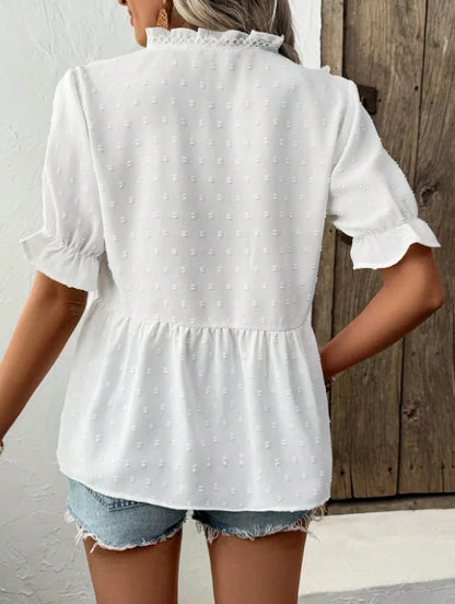 Swiss Dos Ruffled V-Neck Blouse