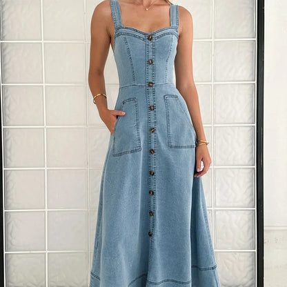 Wide Strap Sweetheart Neck Denim Dress