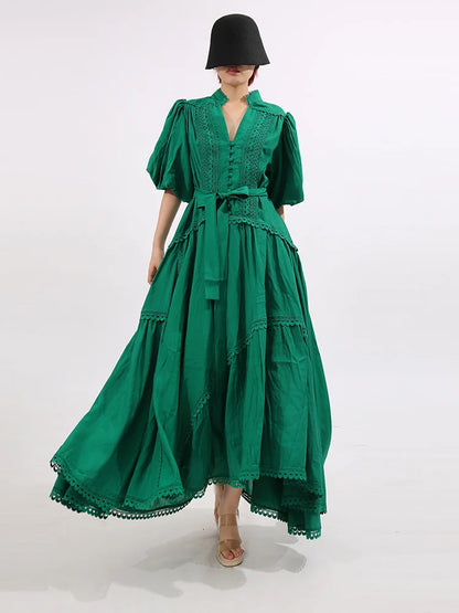 French ElegantLace Detail Notched Puff Sleeve Maxi Dress