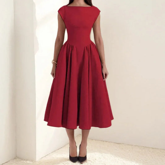 Elegant solid color waisted sleeveless maxi dress