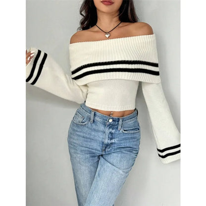 Ribbed Off-Shoulder Striped Knit Top
