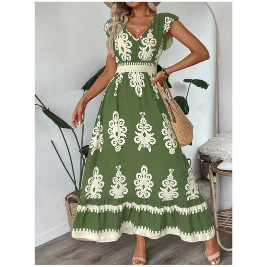 Printed V-Neck Ruffled Cap Sleeve Dress
