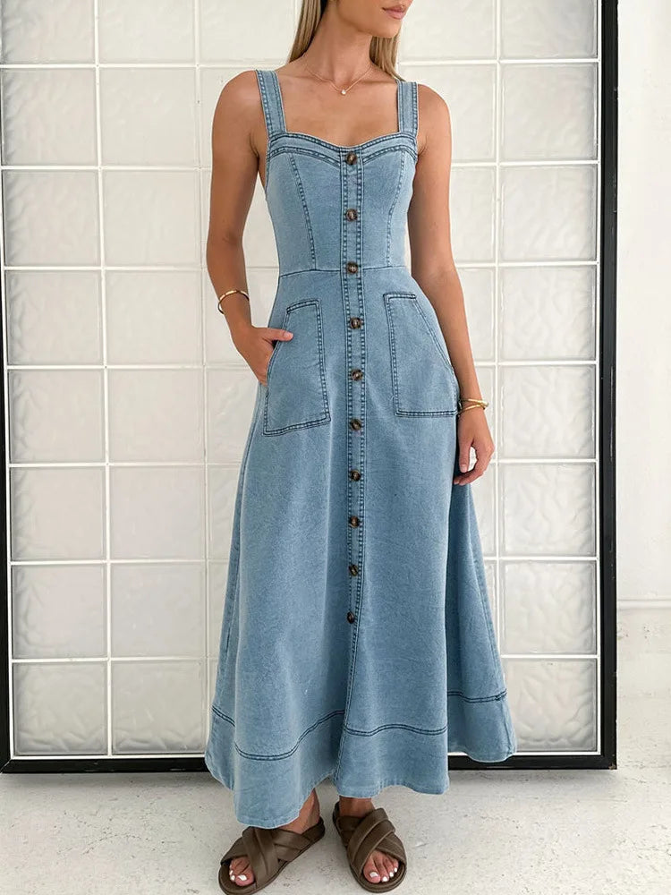 Wide Strap Sweetheart Neck Denim Dress