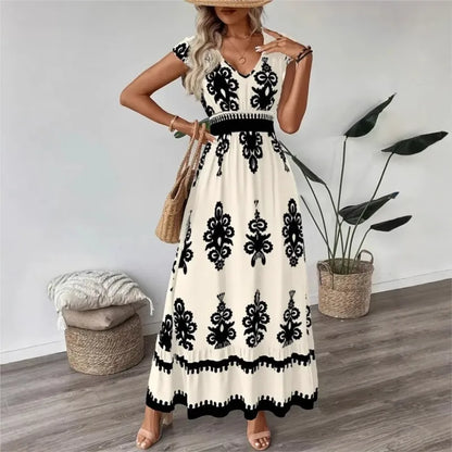 Printed V-Neck Ruffled Cap Sleeve Dress