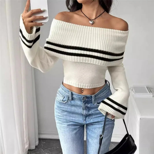 Ribbed Off-Shoulder Striped Knit Top