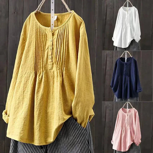 Cotton Linen Pleated Round Neck Long Sleeve Shirt