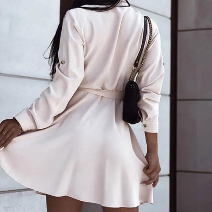 European and American lapel button tie shirt dress