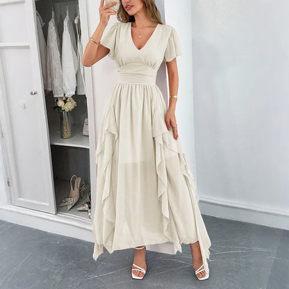 Elegant short-sleeved deep V long dress