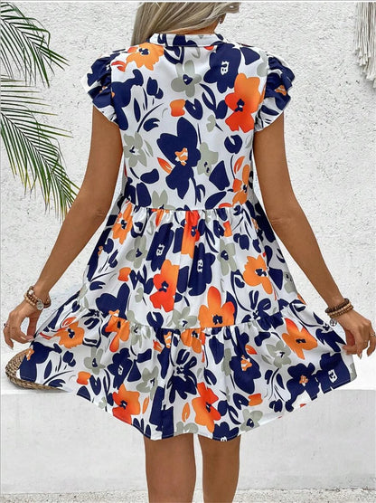 Printed Notched Neck Flutter Sleeve Mini Dress