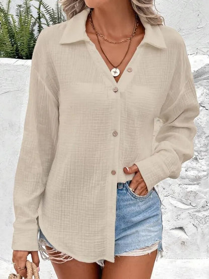 Texture Buttom Down Side Slit Long Sleeve Shirt