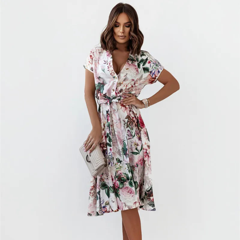 Floral Short Sleeve Midi Dress