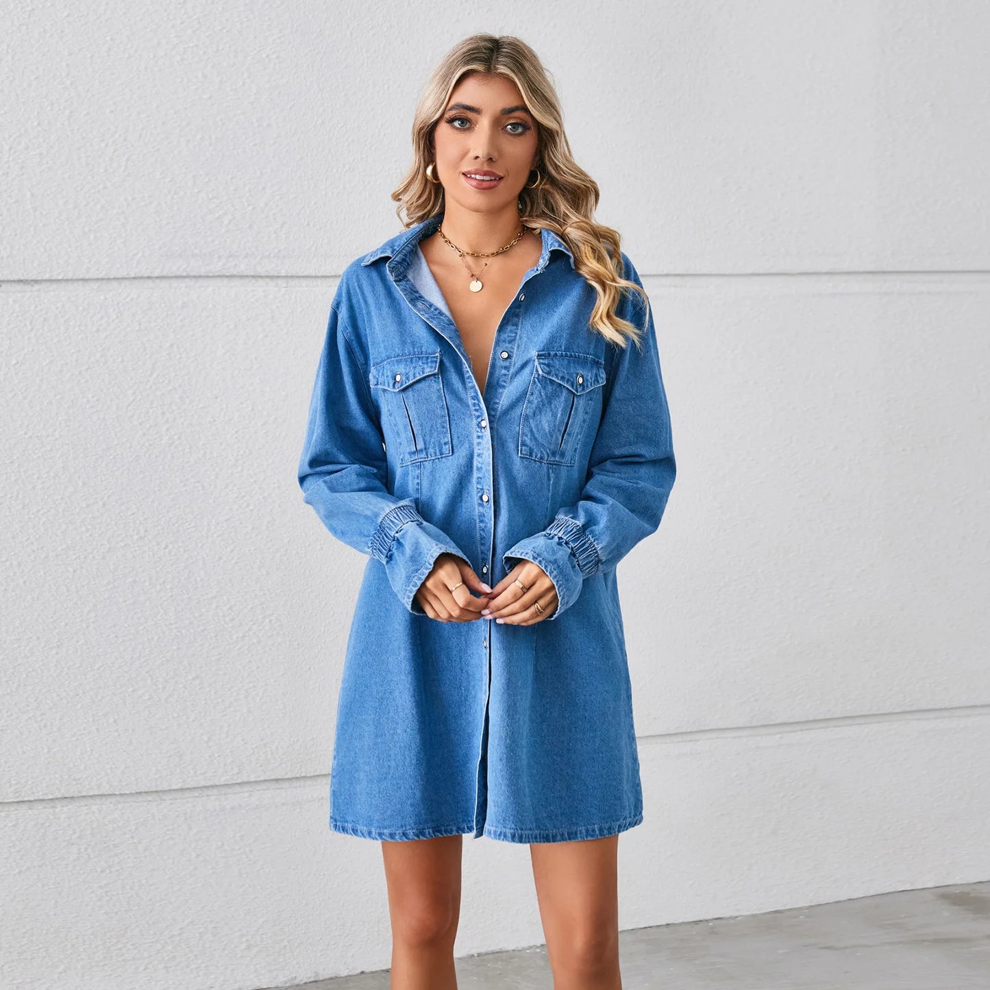Pocketed Dropped Shoulder Mini Denim Dress