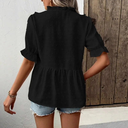 Swiss Dos Ruffled V-Neck Blouse