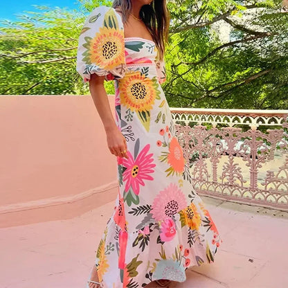 Floral Square Neck Puff Sleeve Maxi Dress with Ruffle Hem