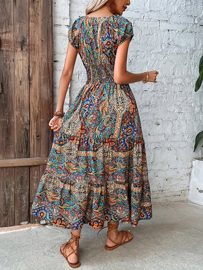 Printed V-Neck Cap Sleeve Dress