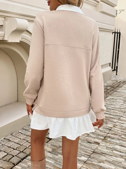 Loose Pocket Patchwork Polo Neck Sweatshirt Dresses