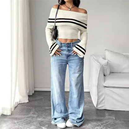 Ribbed Off-Shoulder Striped Knit Top