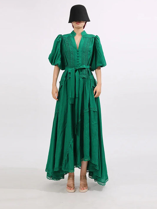 French ElegantLace Detail Notched Puff Sleeve Maxi Dress