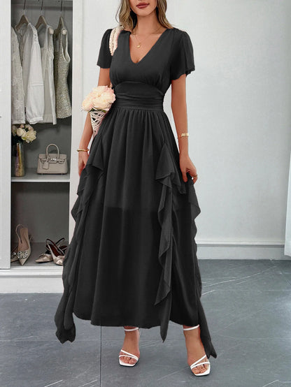 Elegant short-sleeved deep V long dress