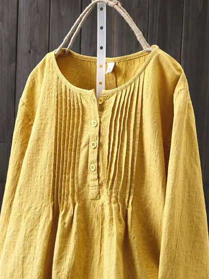 Cotton Linen Pleated Round Neck Long Sleeve Shirt