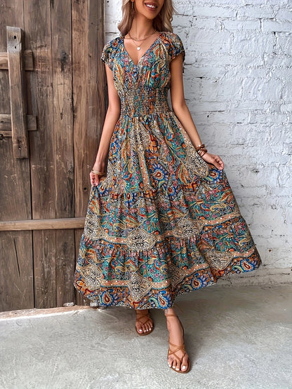 Printed V-Neck Cap Sleeve Dress