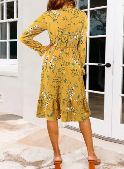 Ruffled Hem Floral Print Long Sleeve Dress