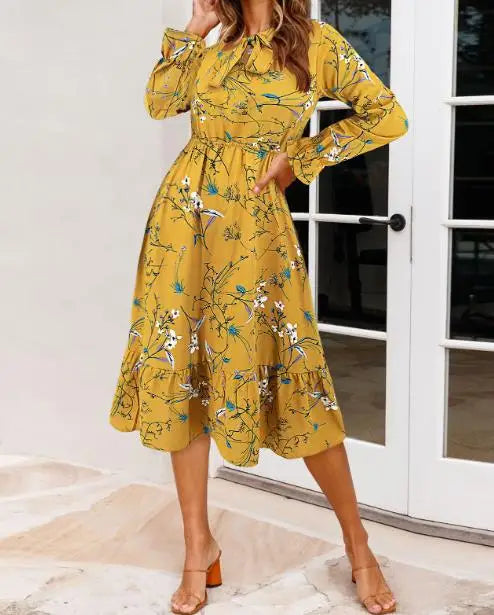Ruffled Hem Floral Print Long Sleeve Dress