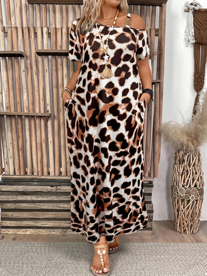 Plus Size Leopard Print Short Sleeve Maxi Dress with Side Slit