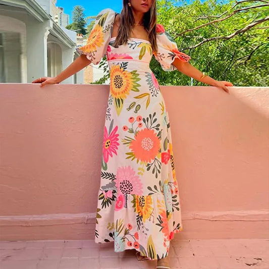 Floral Square Neck Puff Sleeve Maxi Dress with Ruffle Hem