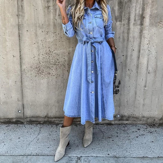 Full Size Tie Waist Button Front Denim Shirt Dress Plus Size