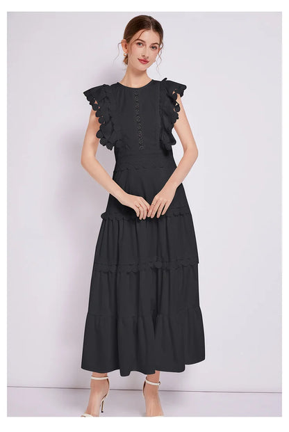 Sleeveless Ruffled Tiered Dress with Embroidered Trim