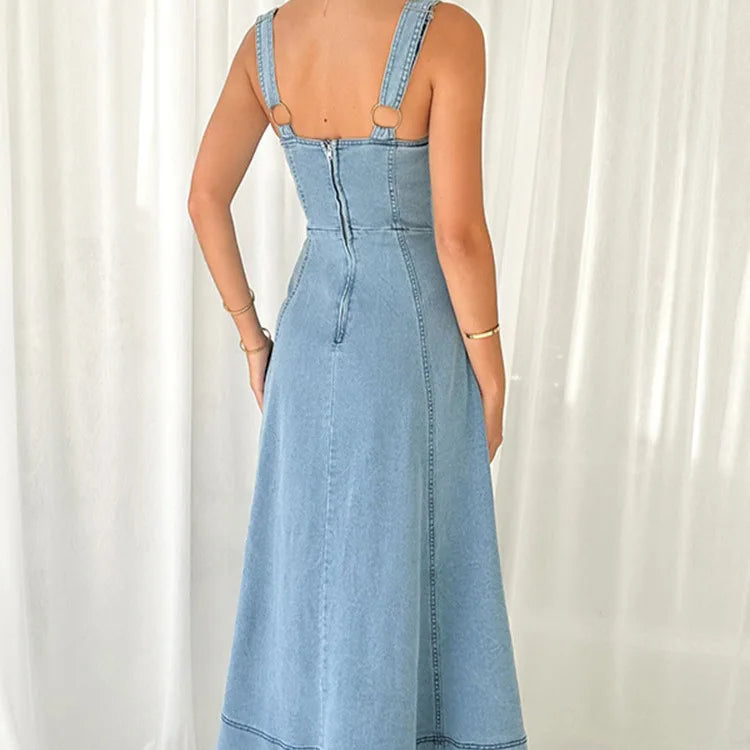 Wide Strap Sweetheart Neck Denim Dress