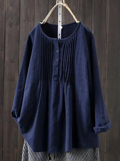 Cotton Linen Pleated Round Neck Long Sleeve Shirt