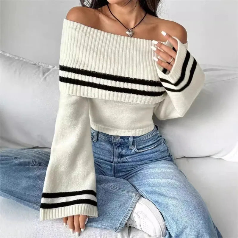 Ribbed Off-Shoulder Striped Knit Top