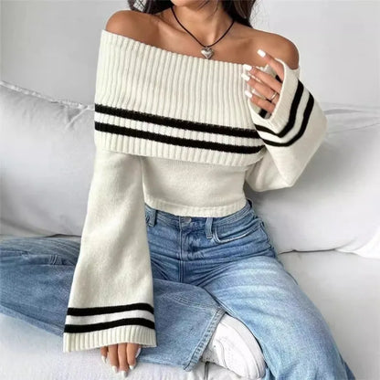 Ribbed Off-Shoulder Striped Knit Top