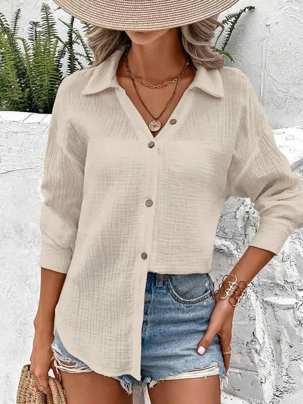 Texture Buttom Down Side Slit Long Sleeve Shirt