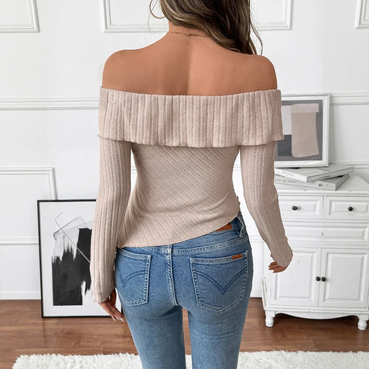 Long-Sleeved One-Shoulder Neckline Irregular Knitted T-Shirt