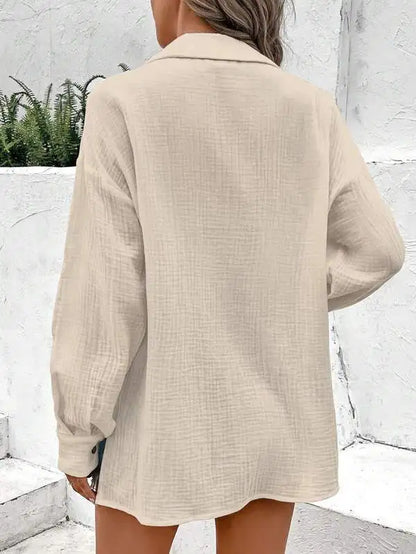 Texture Buttom Down Side Slit Long Sleeve Shirt