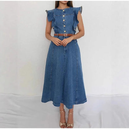 Button-Front Ruffle Sleeve Denim Midi Dress