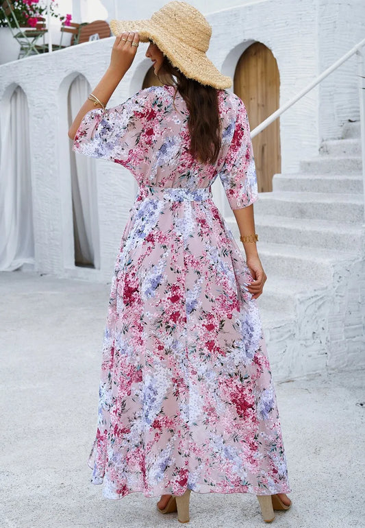 Holiday pink printed tie maxi dress