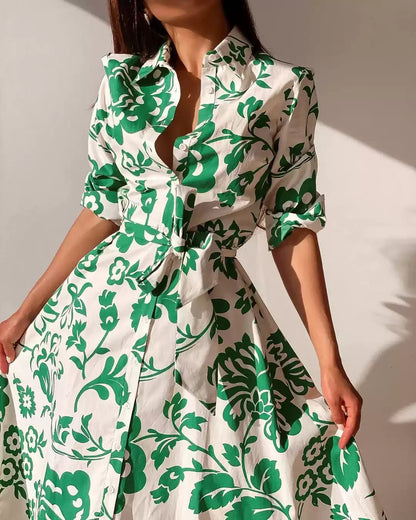 Cotton Printed Tie Waist Shirt Dress