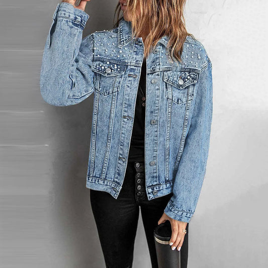 Full Size Pearl Detail Button Up Long Sleeve Denim Jacket Plus Size