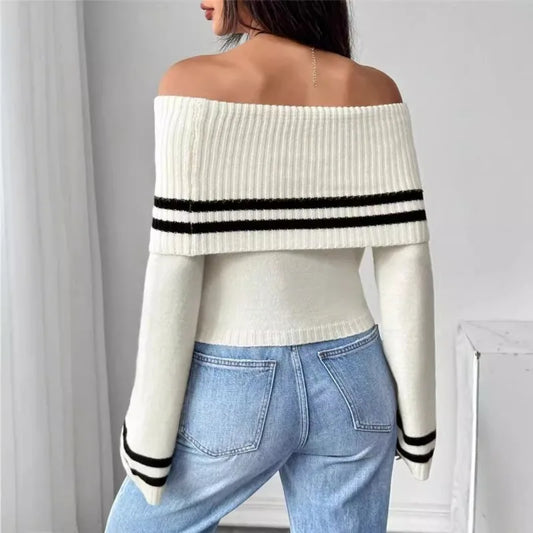 Ribbed Off-Shoulder Striped Knit Top