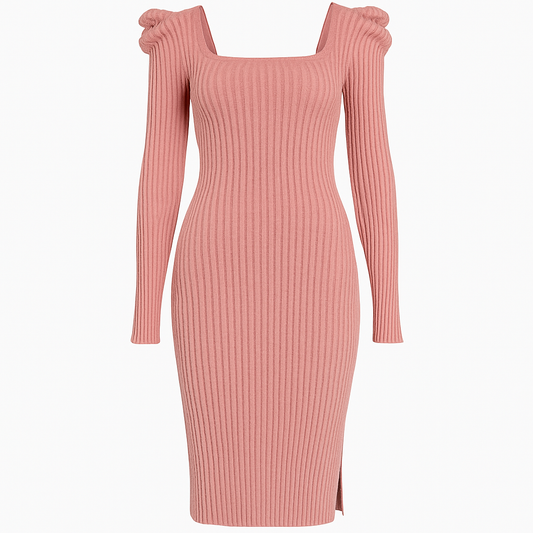 Ribbed Knit Square Neck Bodycon Sweater Dress
